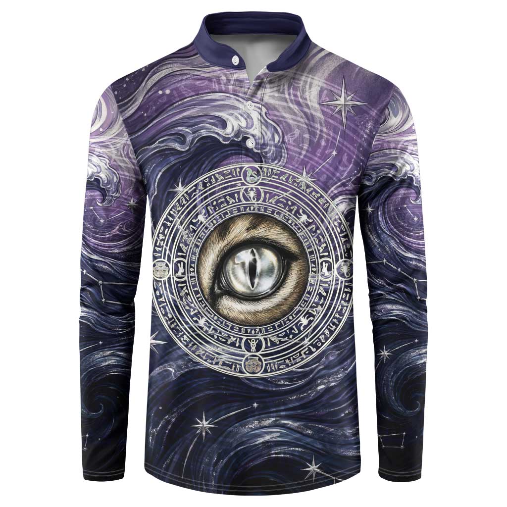 Pakhet Panther Button Sweatshirt with Cosmic Feline Eye on Starry Night River