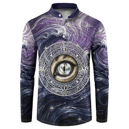 Pakhet Panther Button Sweatshirt with Cosmic Feline Eye on Starry Night River