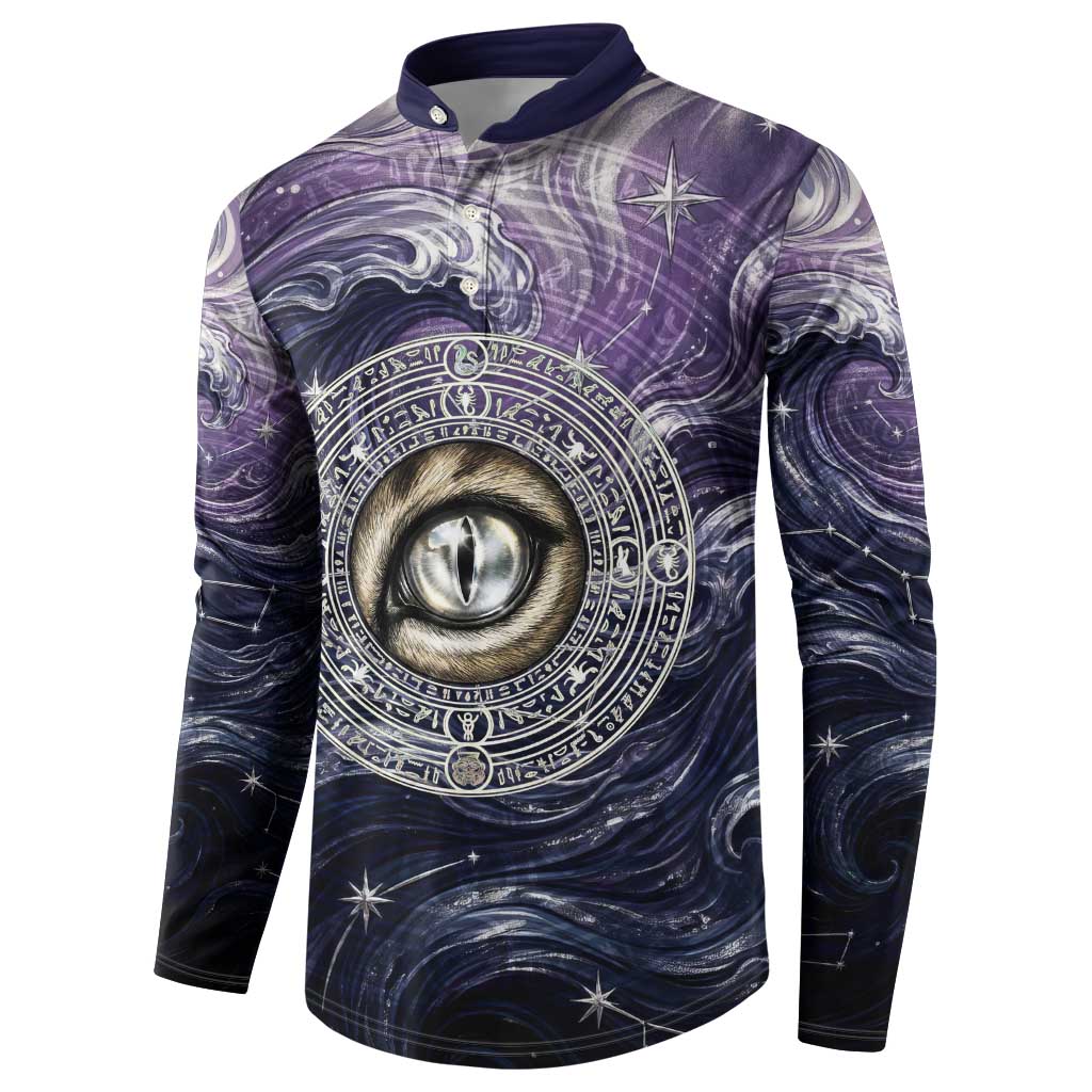 Pakhet Panther Button Sweatshirt with Cosmic Feline Eye on Starry Night River
