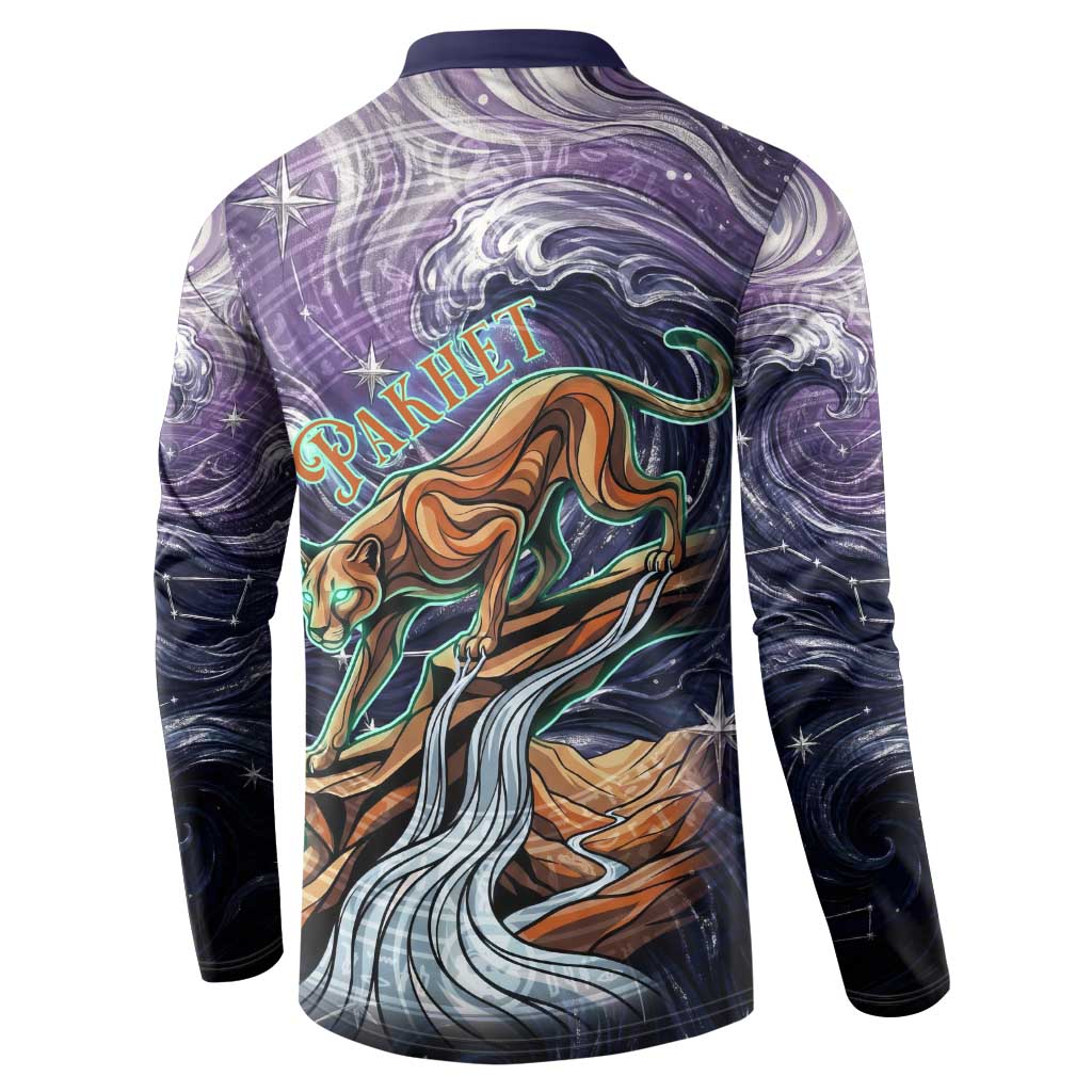 Pakhet Panther Button Sweatshirt with Cosmic Feline Eye on Starry Night River