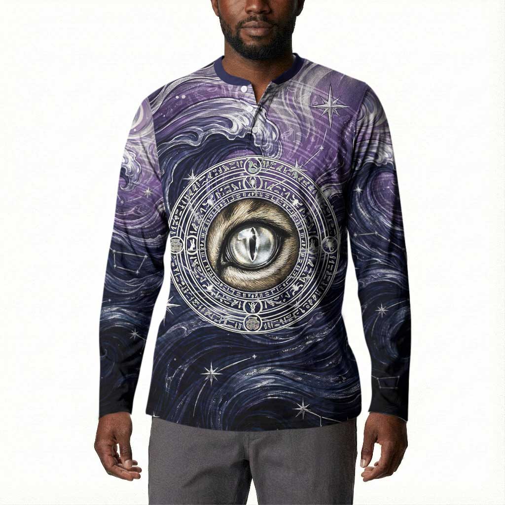 Pakhet Panther Button Sweatshirt with Cosmic Feline Eye on Starry Night River
