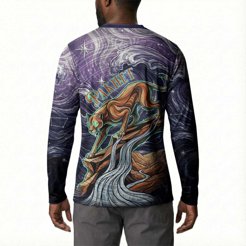 Pakhet Panther Button Sweatshirt with Cosmic Feline Eye on Starry Night River