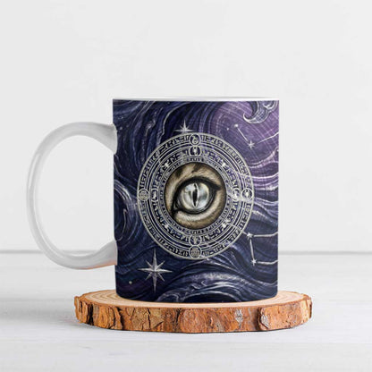 Pakhet Panther Ceramic Mug with Cosmic Feline Eye on Starry Night River