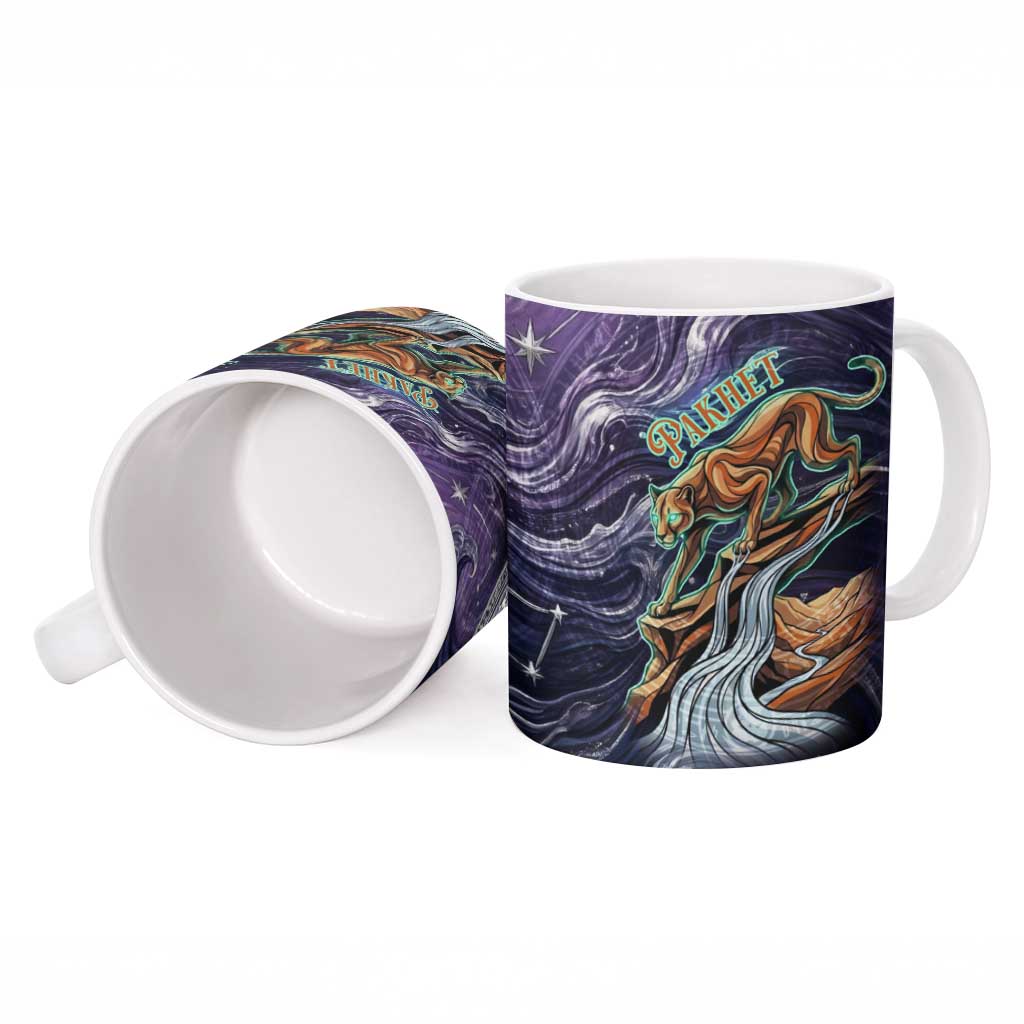 Pakhet Panther Ceramic Mug with Cosmic Feline Eye on Starry Night River