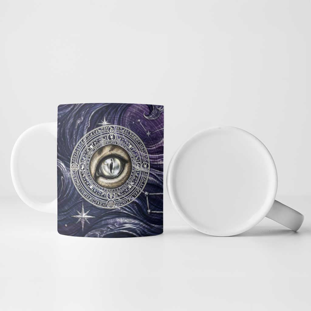 Pakhet Panther Ceramic Mug with Cosmic Feline Eye on Starry Night River