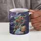 Pakhet Panther Ceramic Mug with Cosmic Feline Eye on Starry Night River