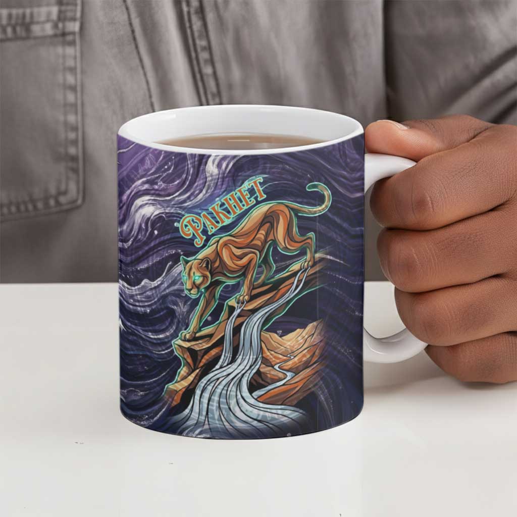 Pakhet Panther Ceramic Mug with Cosmic Feline Eye on Starry Night River