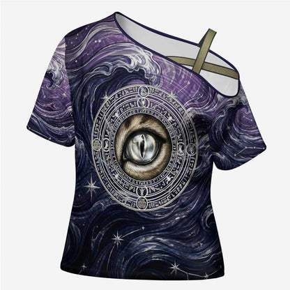 Pakhet Panther Cross Shoulder Shirt with Cosmic Feline Eye on Starry Night River