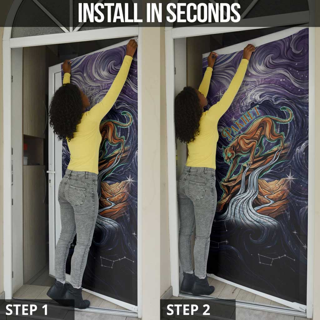 Pakhet Panther Door Cover with Cosmic Feline Eye on Starry Night River