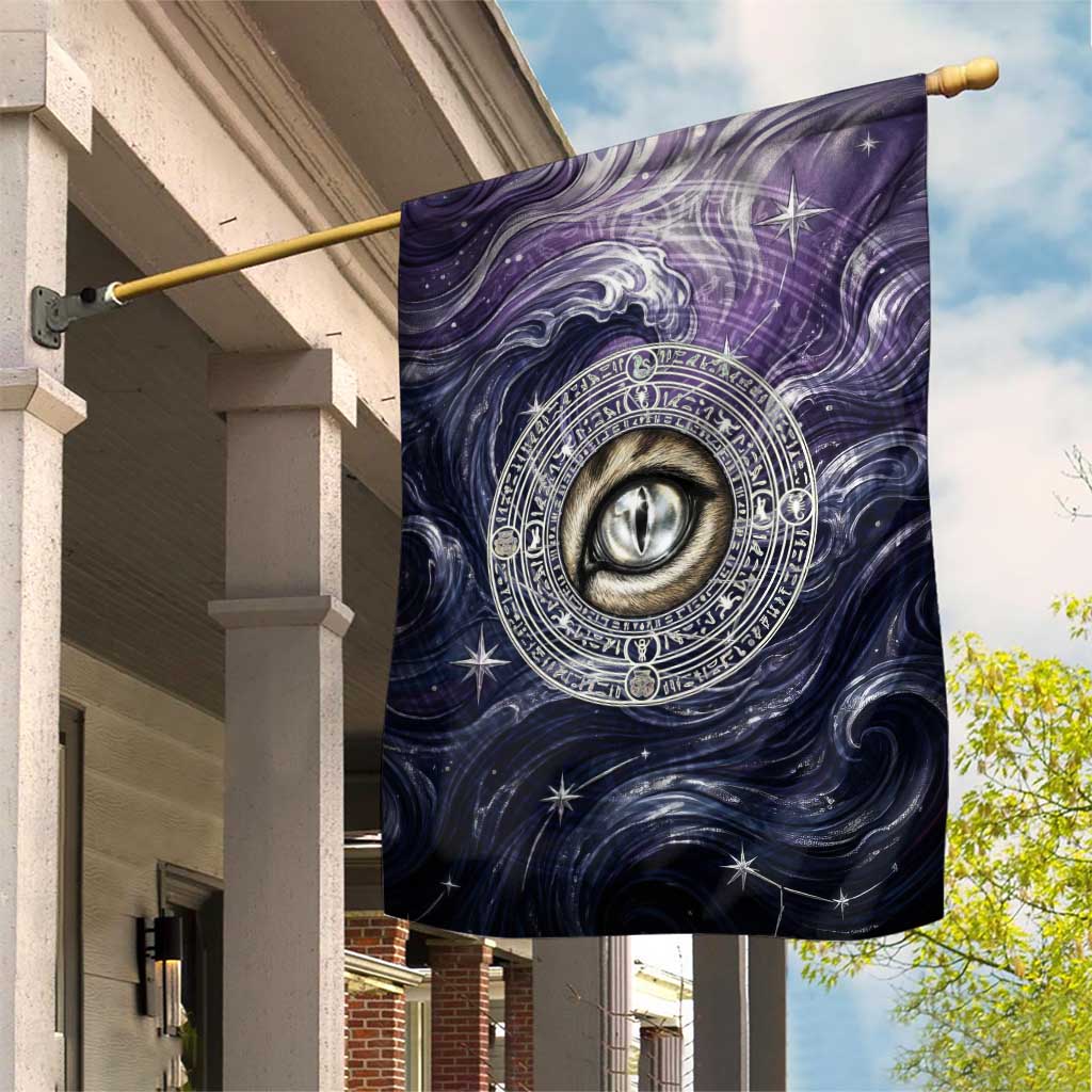 Pakhet Panther Garden Flag with Cosmic Feline Eye on Starry Night River