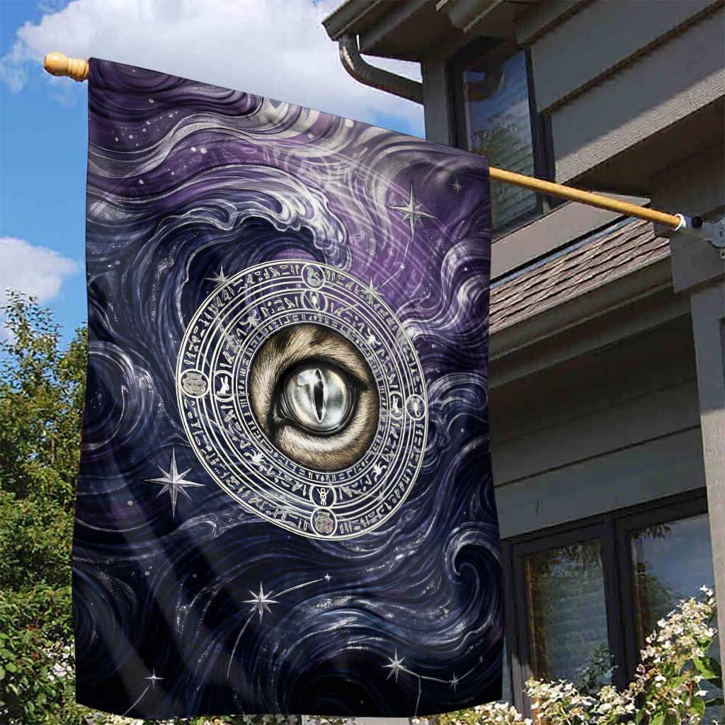 Pakhet Panther Garden Flag with Cosmic Feline Eye on Starry Night River