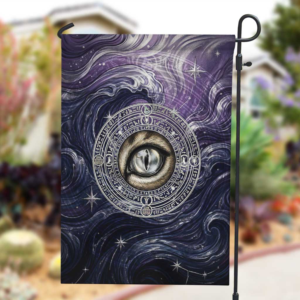 Pakhet Panther Garden Flag with Cosmic Feline Eye on Starry Night River