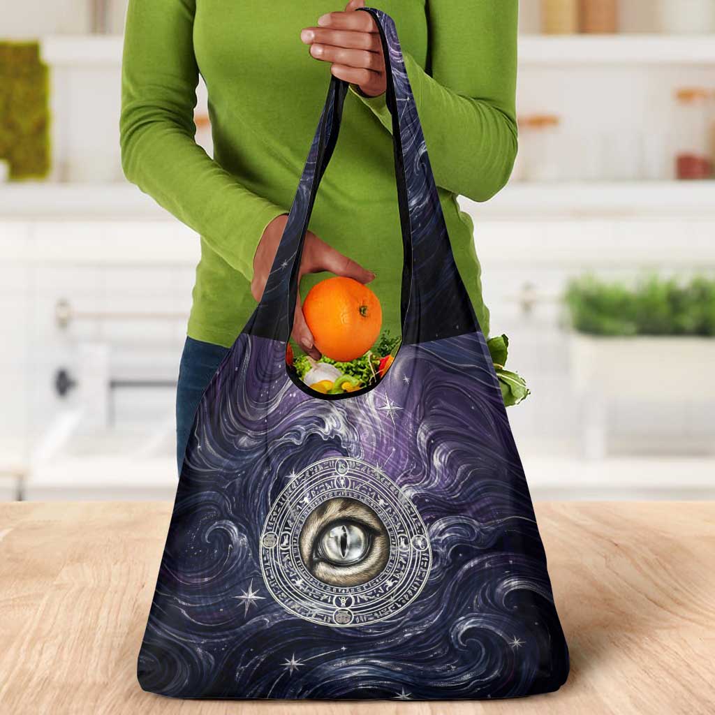 Pakhet Panther Grocery Bag with Cosmic Feline Eye on Starry Night River