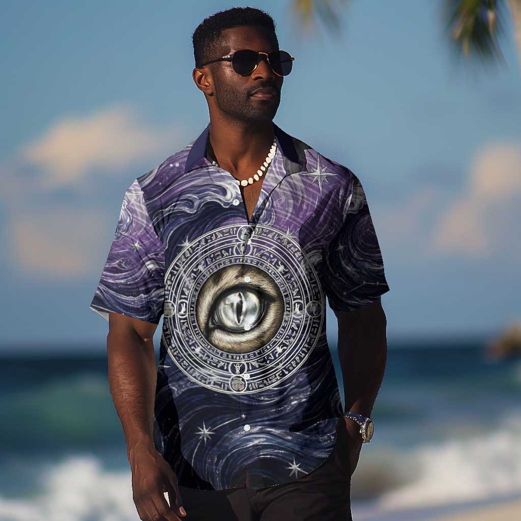 Pakhet Panther Hawaiian Shirt with Cosmic Feline Eye on Starry Night River