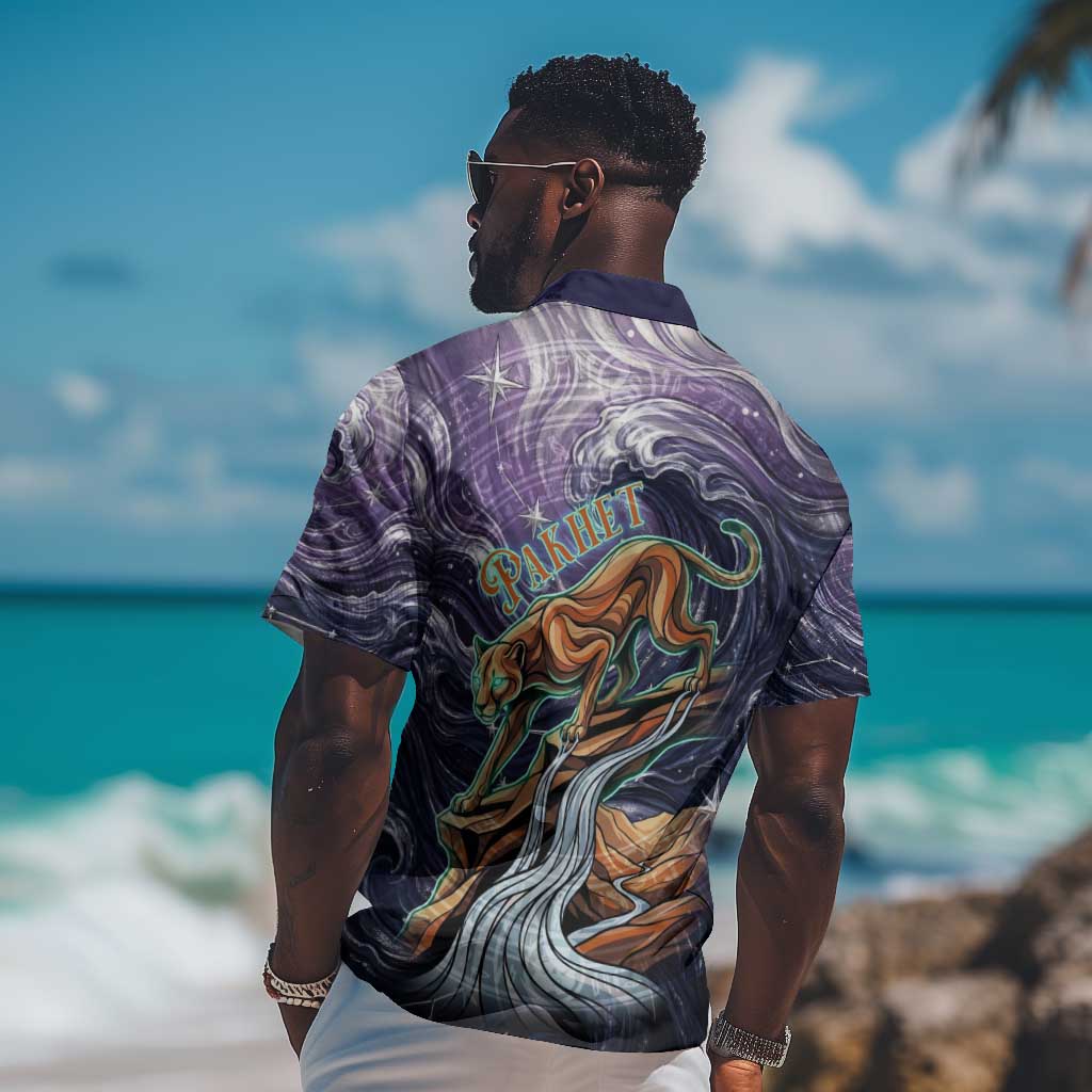 Pakhet Panther Hawaiian Shirt with Cosmic Feline Eye on Starry Night River