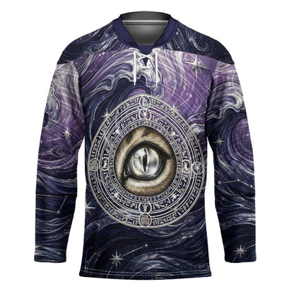 Pakhet Panther Hockey Jersey with Cosmic Feline Eye on Starry Night River