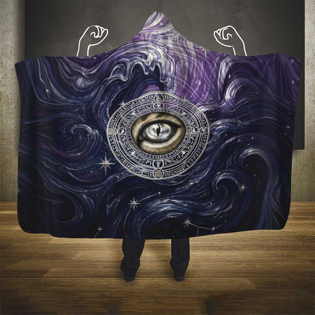 Pakhet Panther Hooded Blanket with Cosmic Feline Eye on Starry Night River