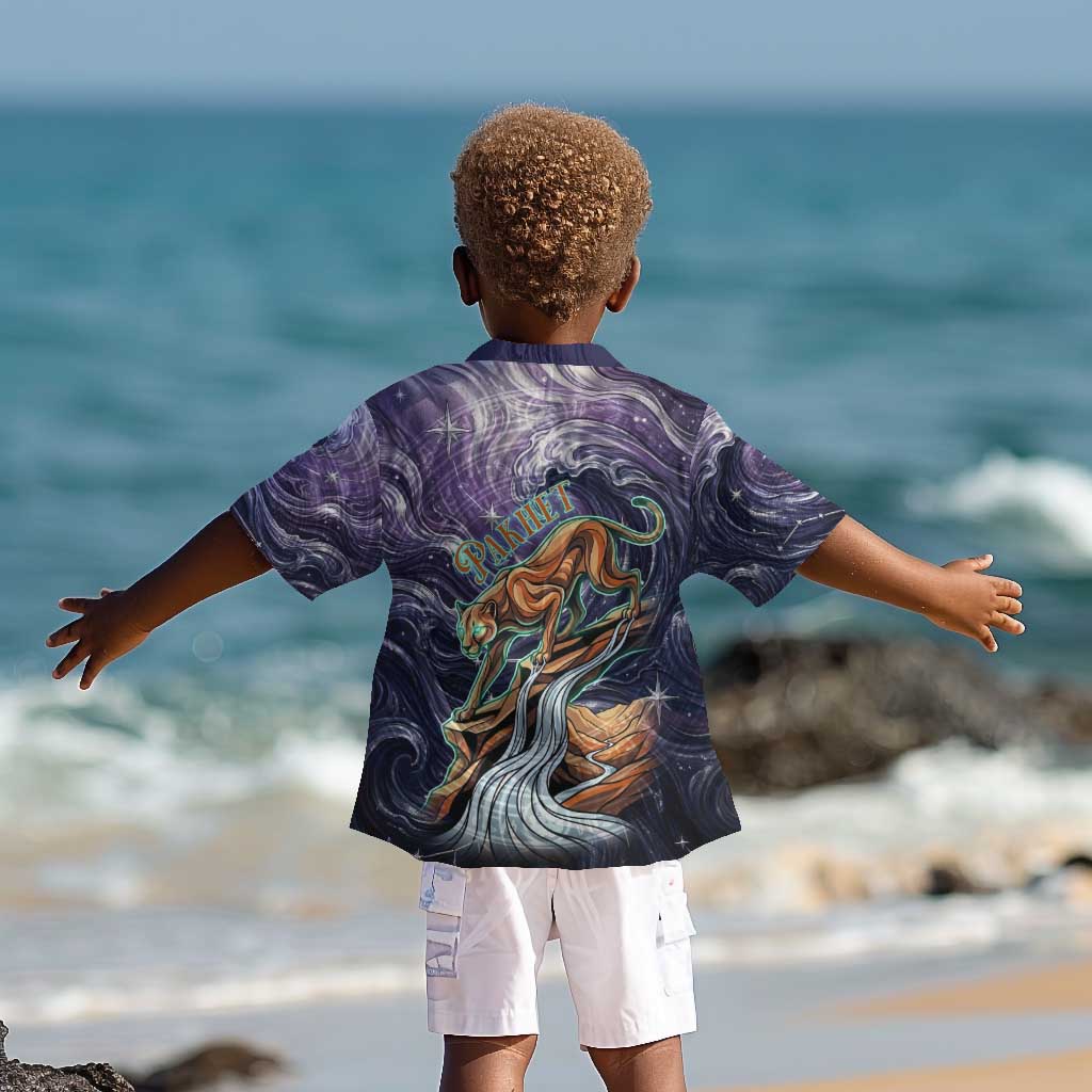 Pakhet Panther Kid Hawaiian Shirt with Cosmic Feline Eye on Starry Night River