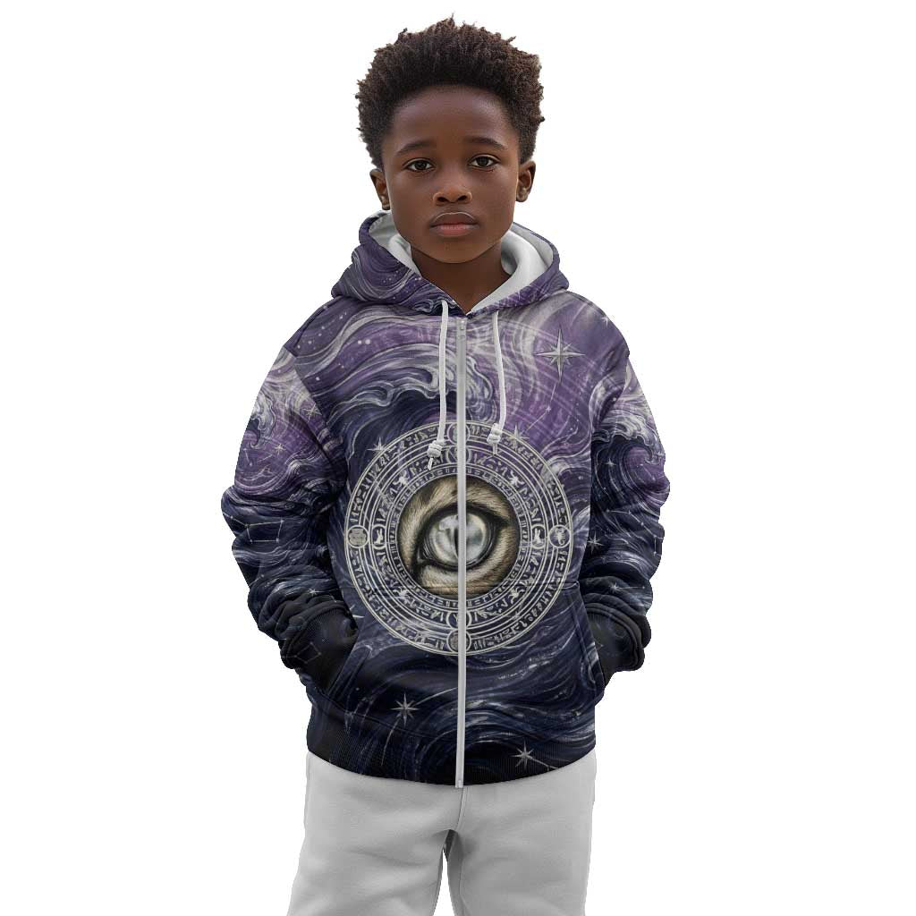 Pakhet Panther Kid Hoodie with Cosmic Feline Eye on Starry Night River