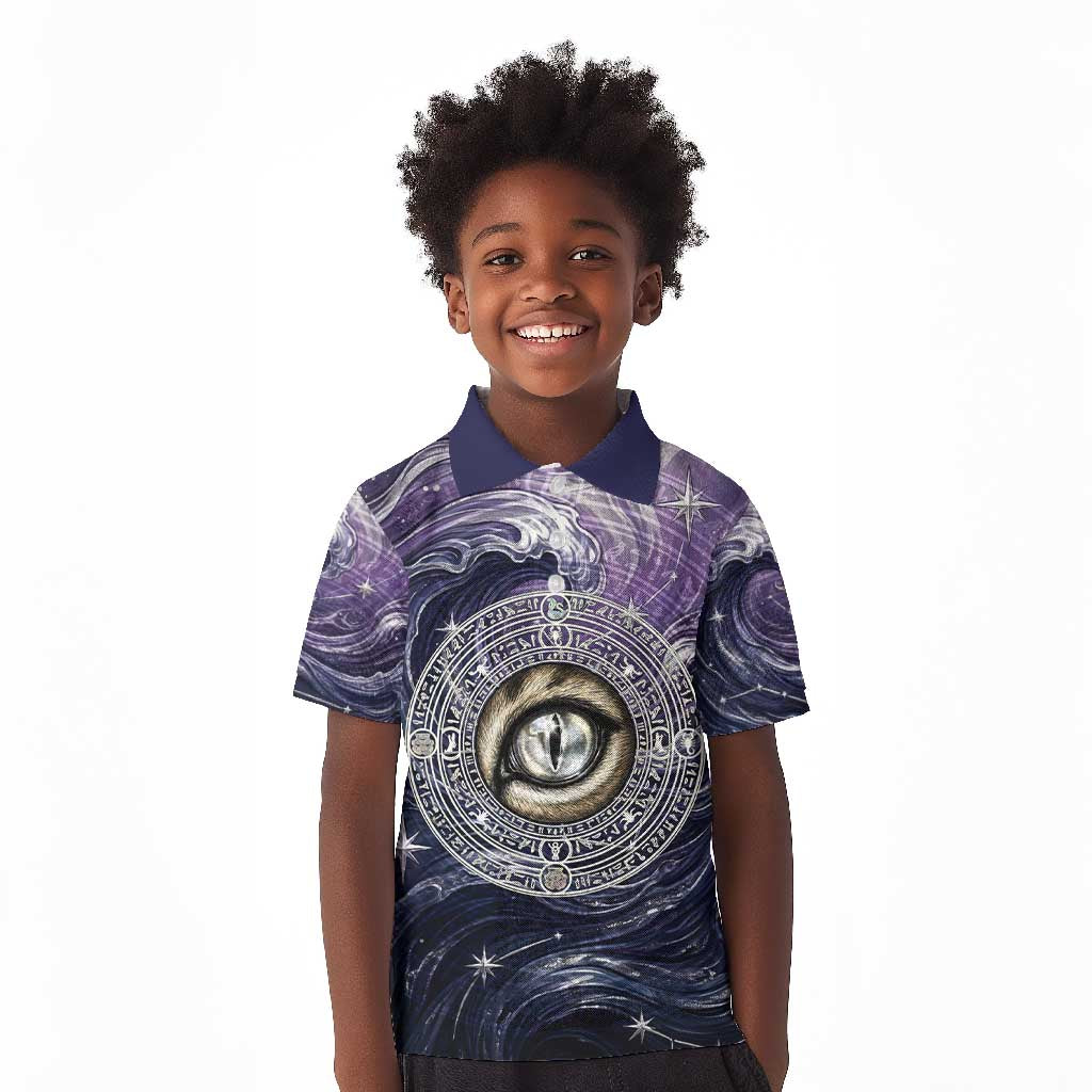 Pakhet Panther Kid Polo Shirt with Cosmic Feline Eye on Starry Night River