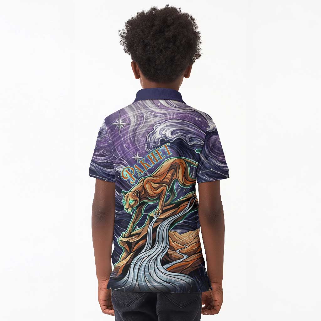 Pakhet Panther Kid Polo Shirt with Cosmic Feline Eye on Starry Night River