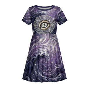 Pakhet Panther Kid Short Sleeve Dress with Cosmic Feline Eye on Starry Night River