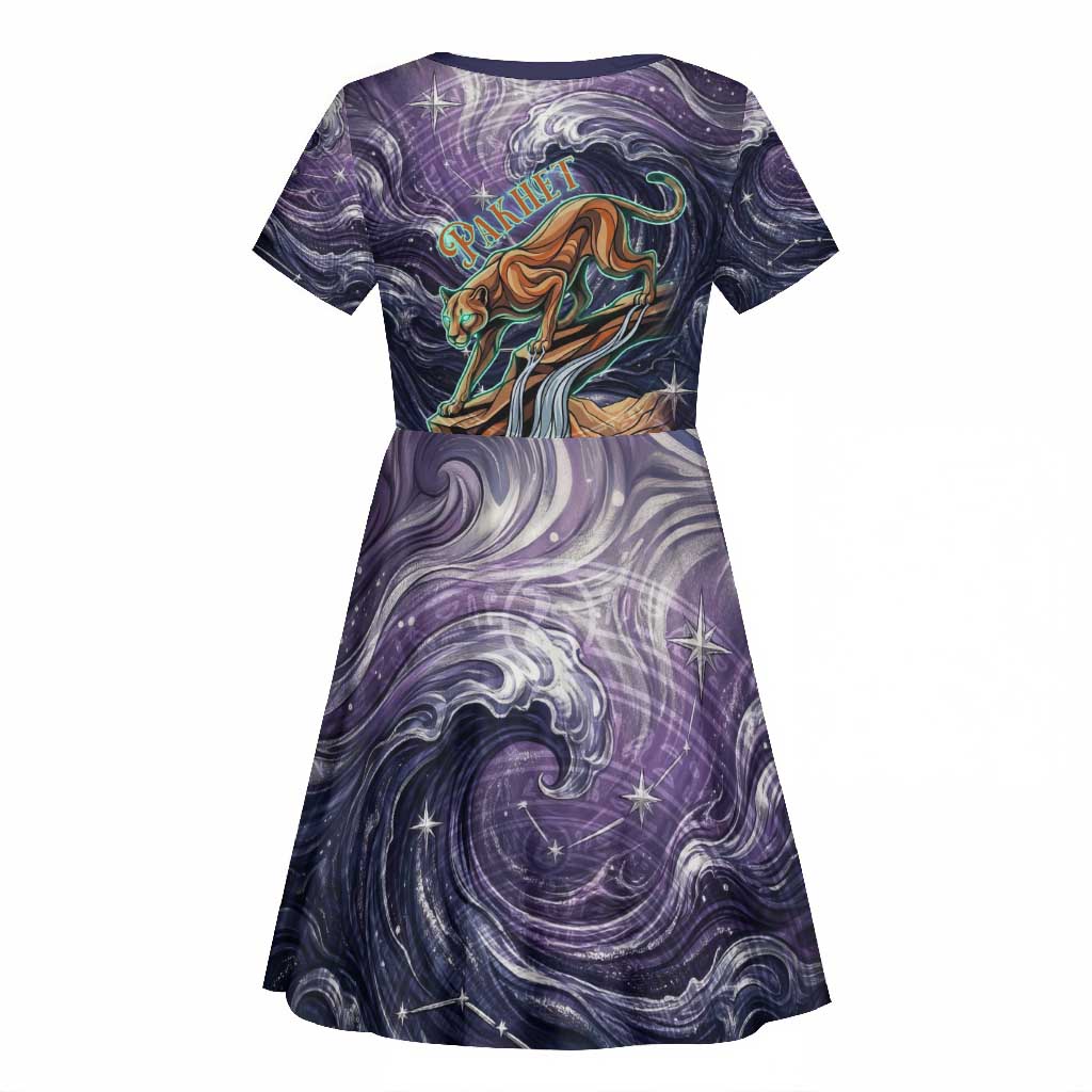 Pakhet Panther Kid Short Sleeve Dress with Cosmic Feline Eye on Starry Night River
