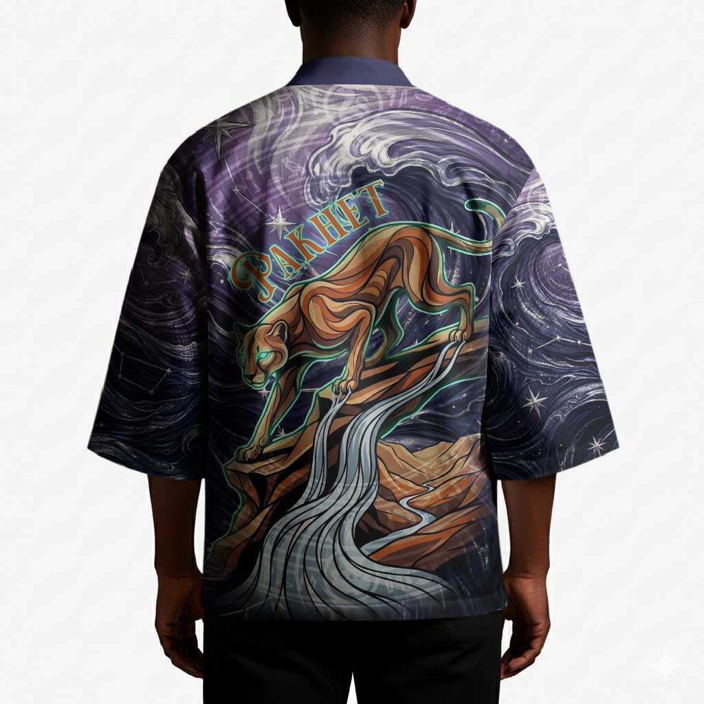 Pakhet Panther Kimono with Cosmic Feline Eye on Starry Night River