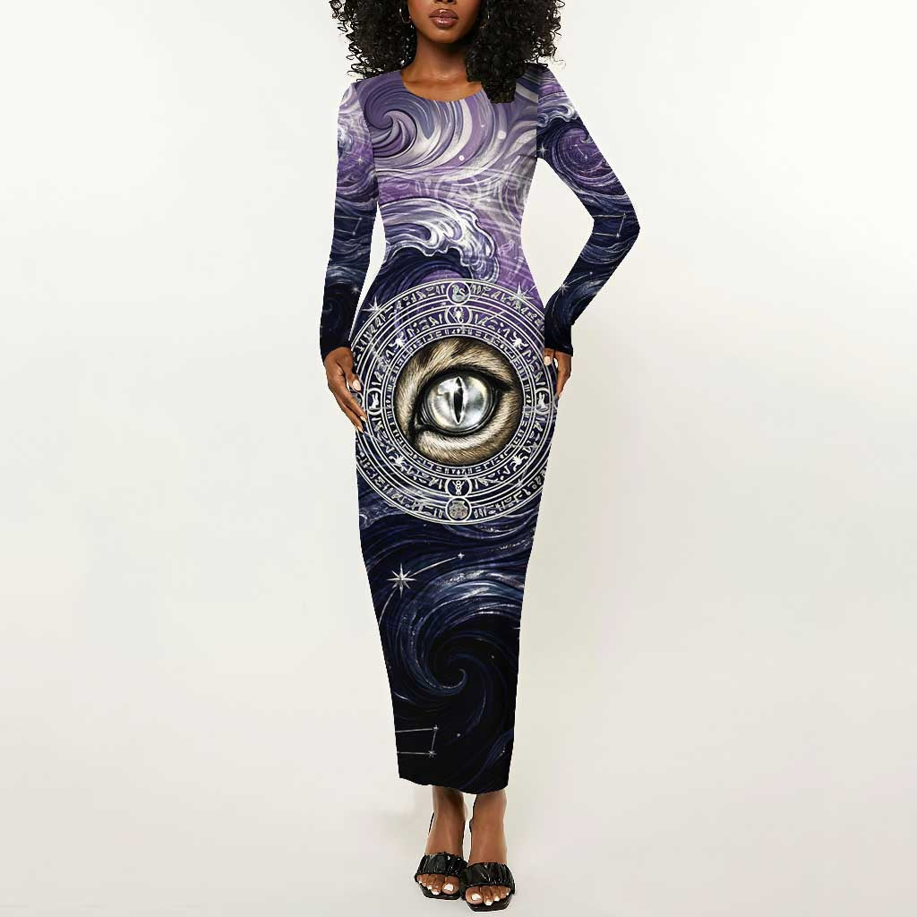 Pakhet Panther Long Sleeve Bodycon Dress with Cosmic Feline Eye on Starry Night River
