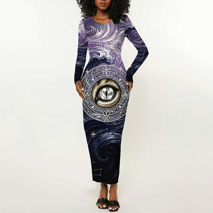 Pakhet Panther Long Sleeve Bodycon Dress with Cosmic Feline Eye on Starry Night River