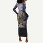 Pakhet Panther Long Sleeve Bodycon Dress with Cosmic Feline Eye on Starry Night River
