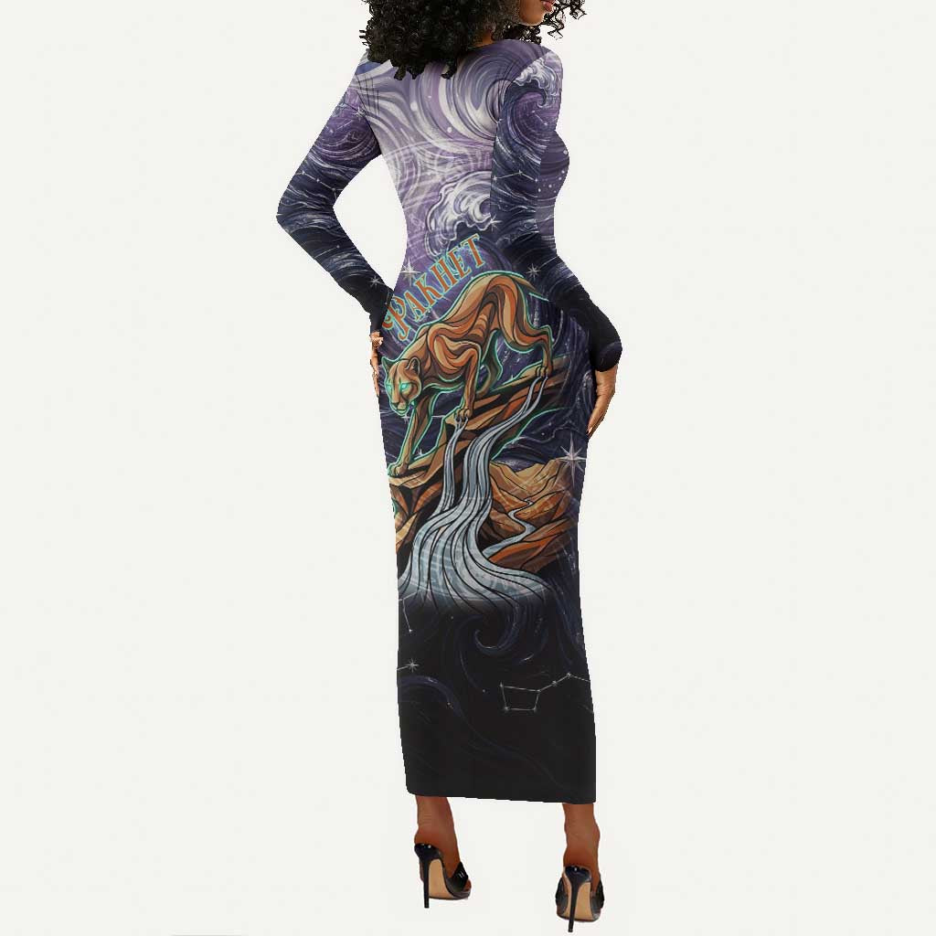 Pakhet Panther Long Sleeve Bodycon Dress with Cosmic Feline Eye on Starry Night River
