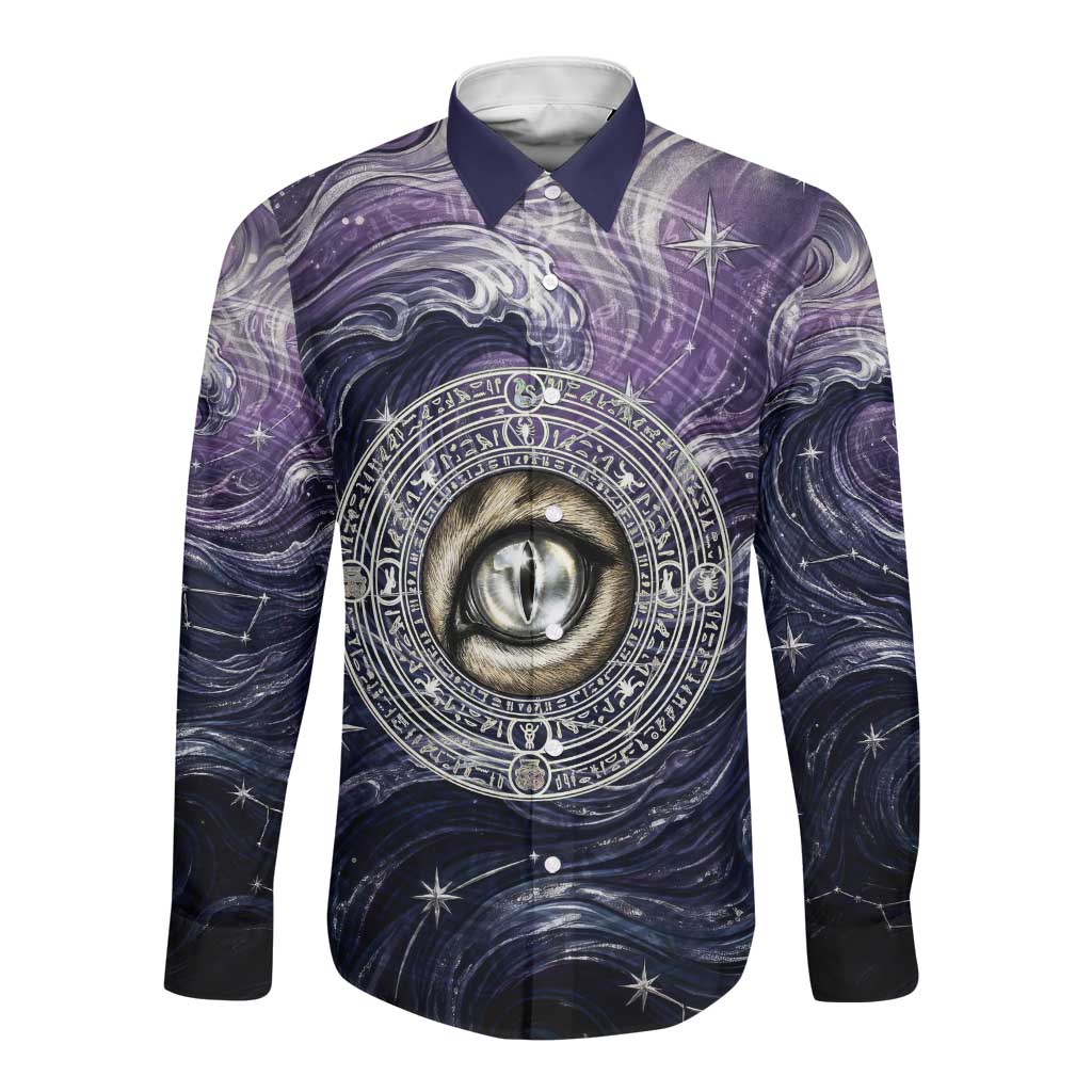 Pakhet Panther Long Sleeve Button Shirt with Cosmic Feline Eye on Starry Night River