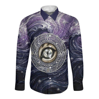 Pakhet Panther Long Sleeve Button Shirt with Cosmic Feline Eye on Starry Night River