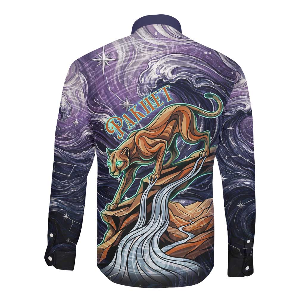 Pakhet Panther Long Sleeve Button Shirt with Cosmic Feline Eye on Starry Night River
