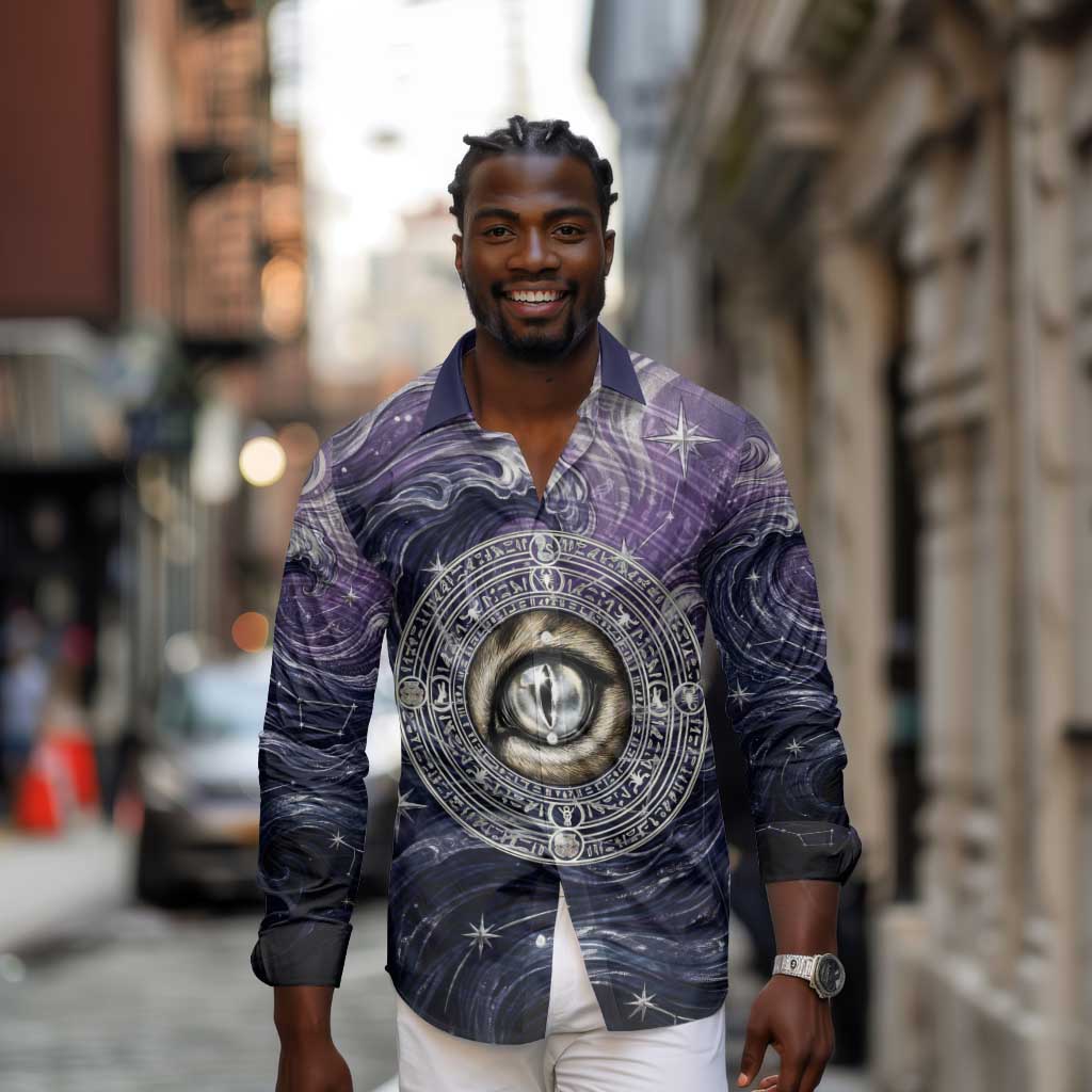 Pakhet Panther Long Sleeve Button Shirt with Cosmic Feline Eye on Starry Night River