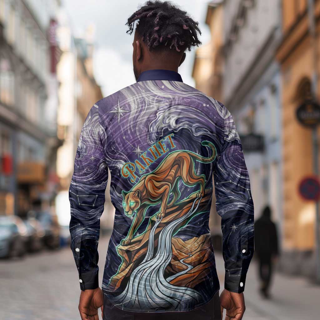 Pakhet Panther Long Sleeve Button Shirt with Cosmic Feline Eye on Starry Night River