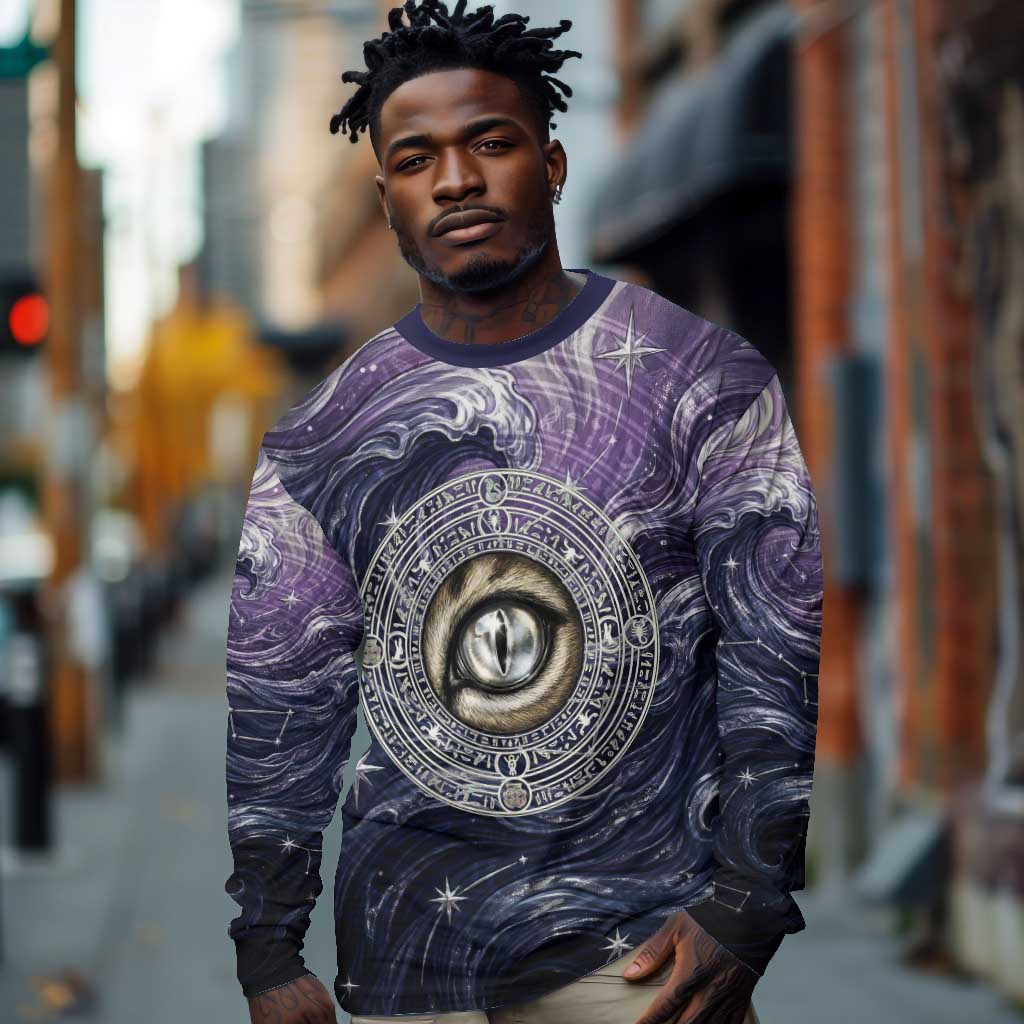 Pakhet Panther Long Sleeve Shirt with Cosmic Feline Eye on Starry Night River