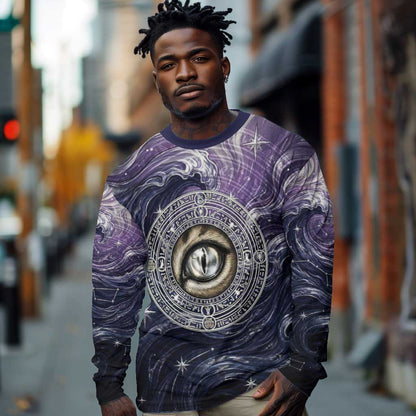Pakhet Panther Long Sleeve Shirt with Cosmic Feline Eye on Starry Night River