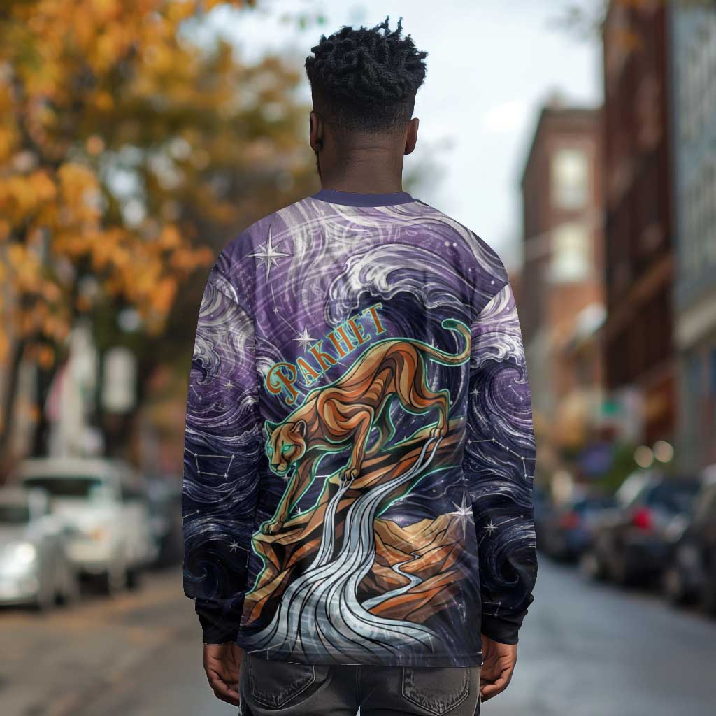 Pakhet Panther Long Sleeve Shirt with Cosmic Feline Eye on Starry Night River