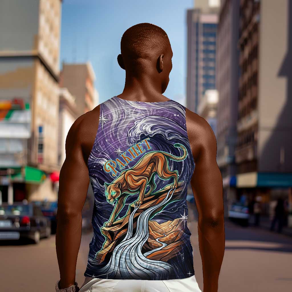 Pakhet Panther Men Tank Top with Cosmic Feline Eye on Starry Night River