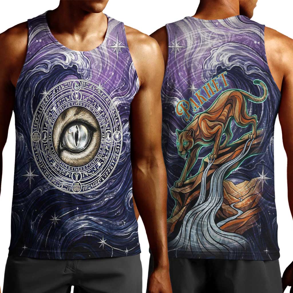 Pakhet Panther Men Tank Top with Cosmic Feline Eye on Starry Night River