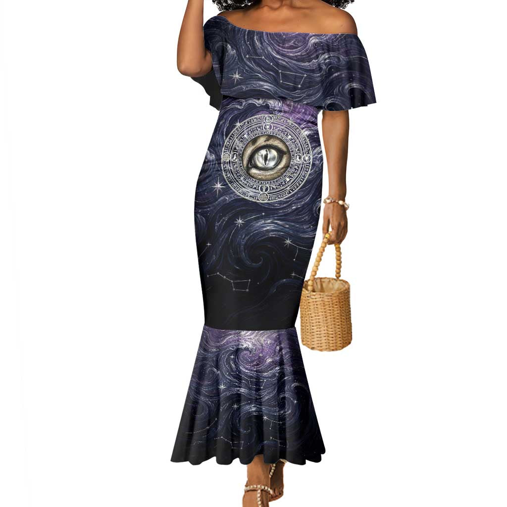 Pakhet Panther Mermaid Dress with Cosmic Feline Eye on Starry Night River