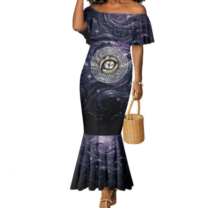 Pakhet Panther Mermaid Dress with Cosmic Feline Eye on Starry Night River