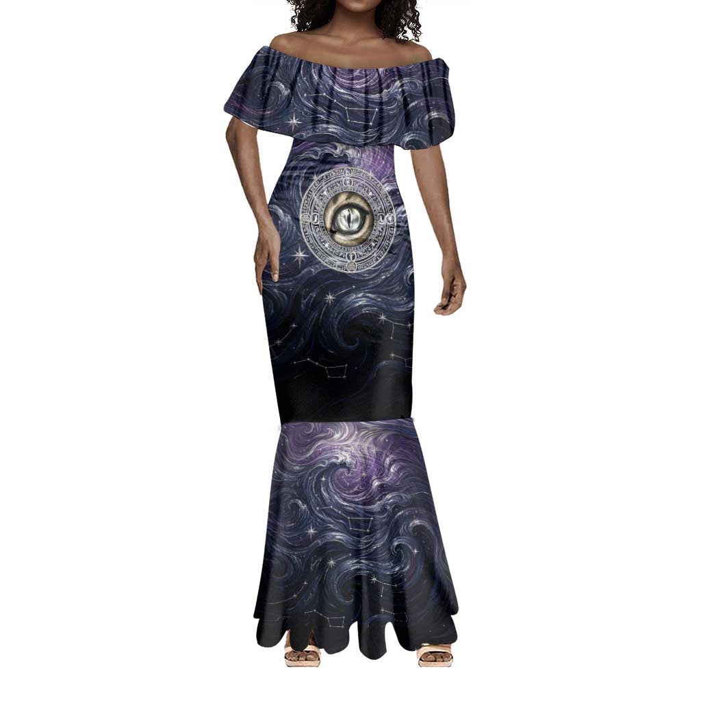 Pakhet Panther Mermaid Dress with Cosmic Feline Eye on Starry Night River