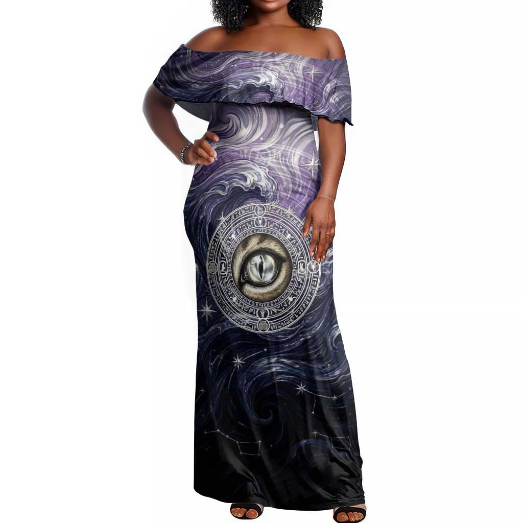 Pakhet Panther Off Shoulder Maxi Dress with Cosmic Feline Eye on Starry Night River