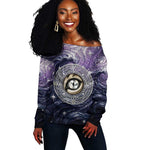 Pakhet Panther Off Shoulder Sweater with Cosmic Feline Eye on Starry Night River