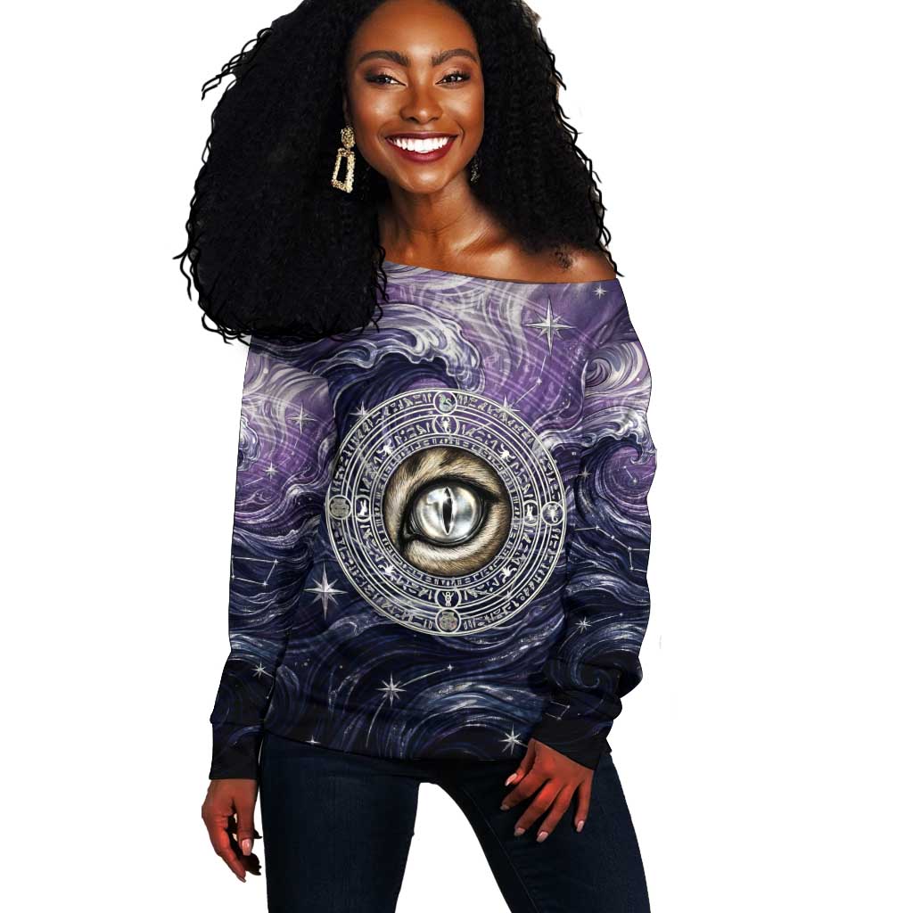 Pakhet Panther Off Shoulder Sweater with Cosmic Feline Eye on Starry Night River
