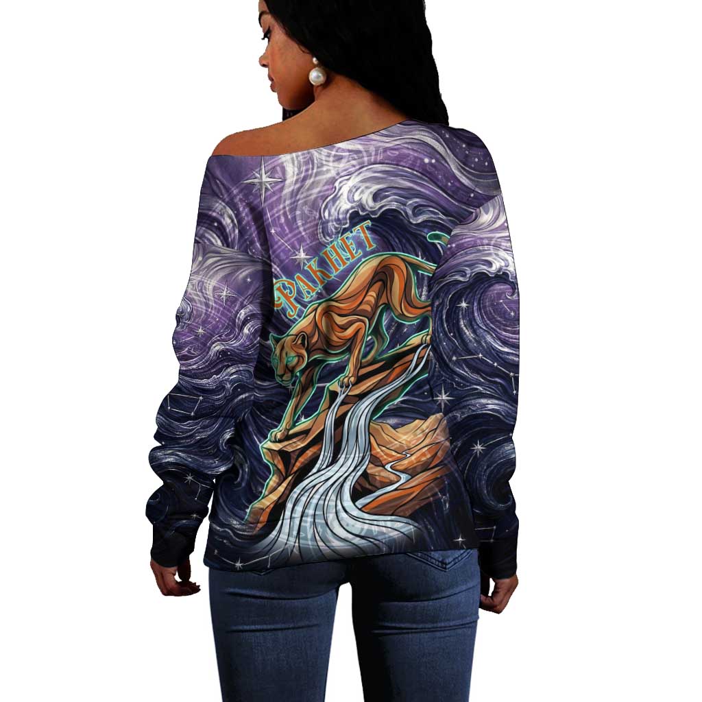 Pakhet Panther Off Shoulder Sweater with Cosmic Feline Eye on Starry Night River