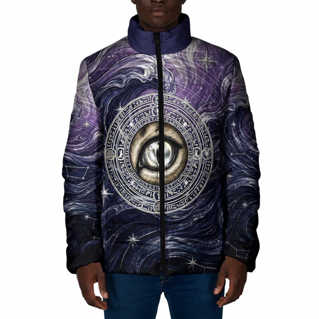 Pakhet Panther Padded Jacket with Cosmic Feline Eye on Starry Night River